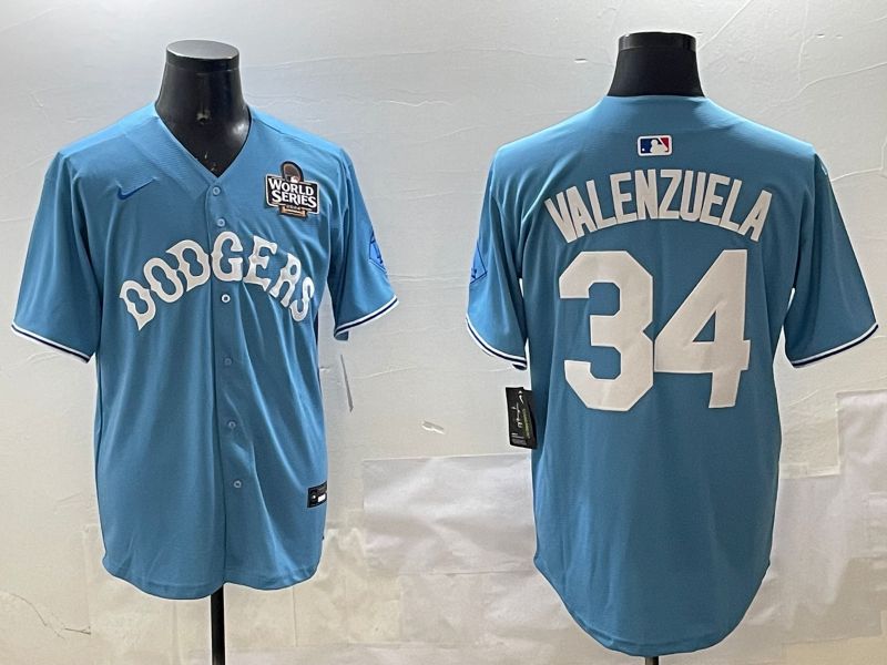 Men Los Angeles Dodgers 34 Valenzuela Light Blue Joint Name 2025 Nike MLB Jersey style 3163